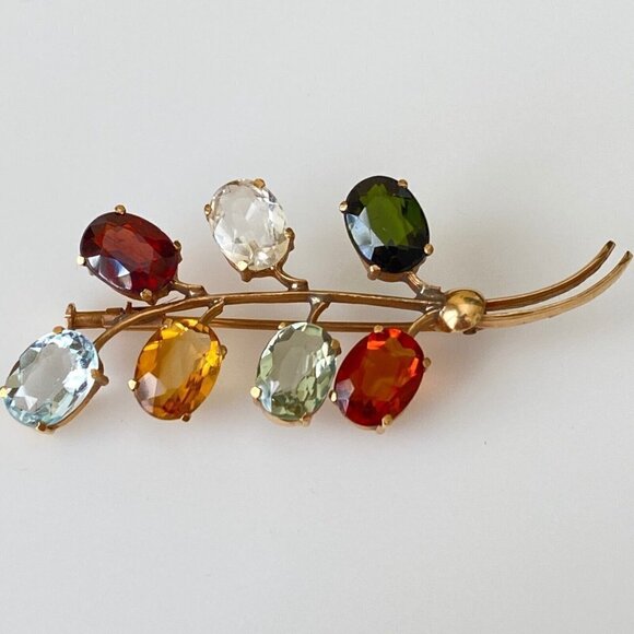 Vintage 14k Solid Yellow Gold Multi-Gemstone Floral Plant Brooch Pin - Picture 2 of 6